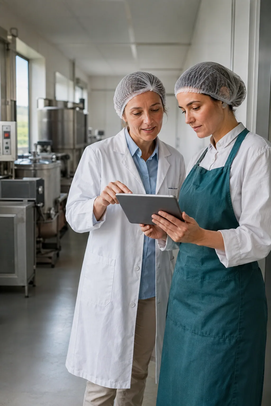 Scena ilustracyjna: kierowniczka jakości i pracownica produkcji omawiają procedurę na tablecie